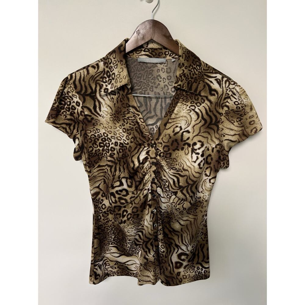 Vintage 90s Y2K Ruched Animal Print Cap Sleeve Top Large Button Up Grunge Goth - Picture 3 of 15